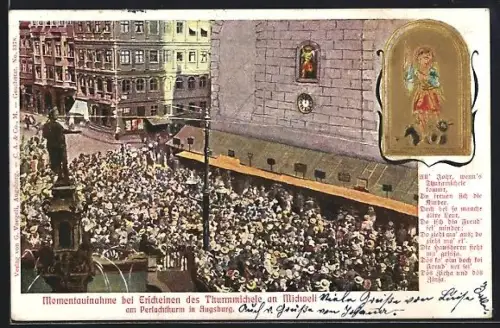 AK Augsburg, Perlachturm, Turmmännle, Menschenmenge am Mittag
