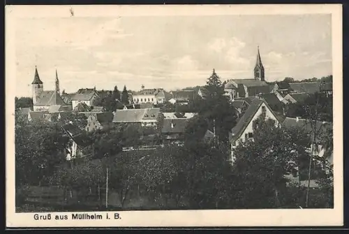 AK Müllheim i. B., Stadtansicht mit Kirchen