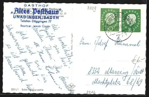 AK Unadingen /Donaueschingen, Gasthof Altes Posthaus, Besitzer Jakob Grabs, Schwarzwaldlandschaft