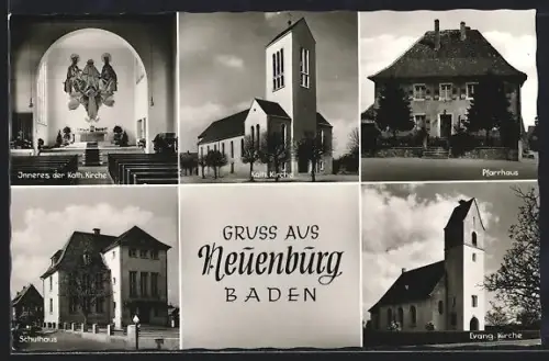 AK Neuenburg /Baden, Kath. Kirche, Evang. Kirche, Schulhaus, Pfarrhaus