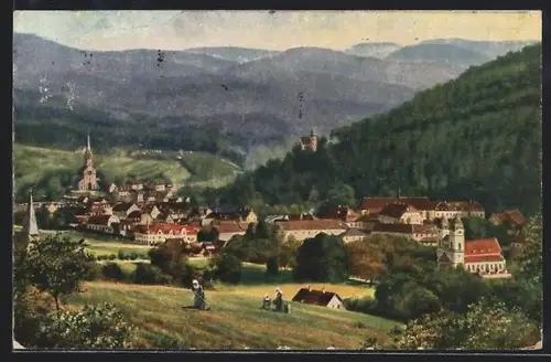 AK Lichtental bei Baden-Baden, Ortsansicht mit Kirche und Burg