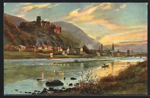 Künstler-AK Heidelberg, Blick von der Ziegelhäuser Landstrasse auf Schloss und Altstadt