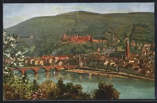 Künstler-AK Heidelberg, Schloss, Alte Brücke, Altstadt vom Philosophenweg gesehen