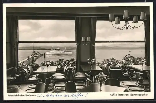 AK Friedrichshafen /Bodensee, Kaffee-Restaurant Rommelspacher, Blick auf Hafen und Bodensee