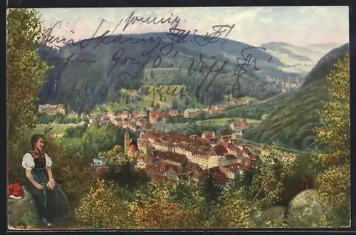AK Triberg im Schwarzwald, Gesamtansicht, Trachtenträgerin