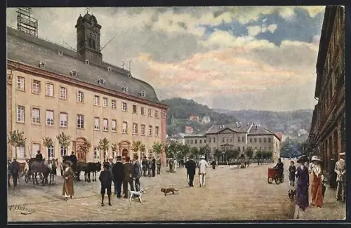 Künstler-AK Heidelberg, Ludwigplatz, Universität, Kollegienhaus