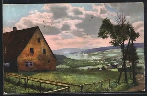 Künstler-AK Hammer-Unterwiesenthal, Erholungs- und Sportheim Jägerhof, Landschaftspanorama