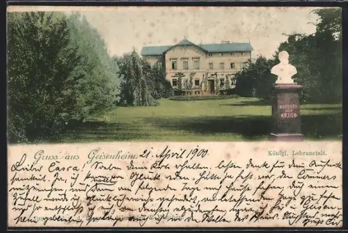 AK Geisenheim, Königl. Lehranstalt, Park mit Büste
