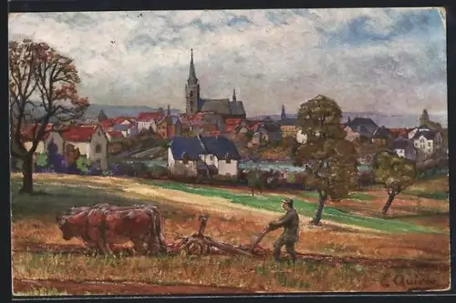 Künstler-AK Oberursel, Ortsansicht mit Kirche und Pflug auf dem Feld