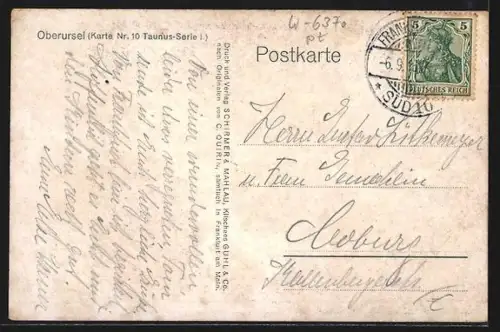 Künstler-AK Oberursel, Ortsansicht mit Kirche und Pflug auf dem Feld