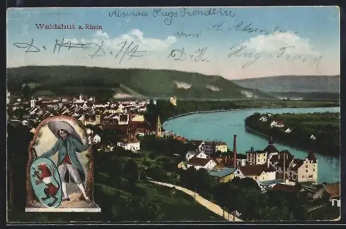 AK Waldshut a. Rhein, Ortsansicht mit Rhein und Wappen
