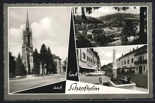 AK Schopfheim, Kirche, Ortsansicht, Brunnen