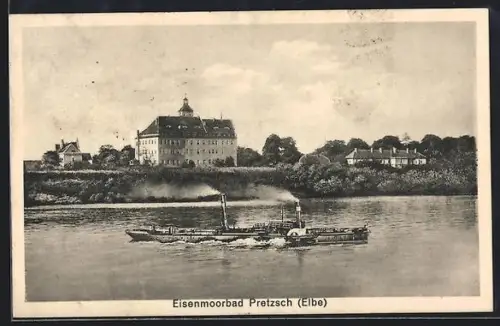 AK Pretzsch /Elbe, Schloss, Dampfschiff auf der Elbe