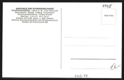 AK Rohrhardsberg /Schonach, Gasthaus Schwedenschanze, Inh. Josef Burger, Winterlandschaft