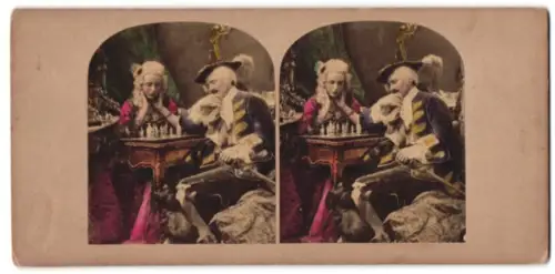 Stereo-Fotografie Edelleute spielen eine Runde Schach, Schachbrett