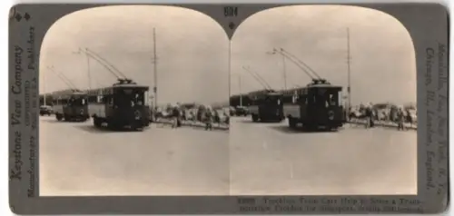 Stereo-Fotografie Keystone Viewe Co., Meadville, Ansicht Singapore, Trackless Tram Cars help solve Transport Problems