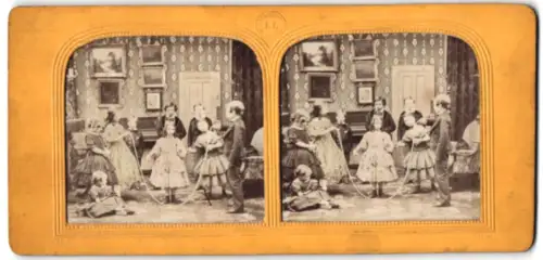 Stereo-Fotografie Leon & Levy, Paris, Kinder spielen Springseil im Wohnzimmer, Halt gegen das Licht, Hold to Light