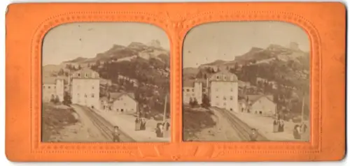Stereo-Fotografie E.L., Ansicht Rigi Staffel, Bahngleise mit dem Hotel Rigi-Staffel, Halt gegen das Licht, Hold to Light