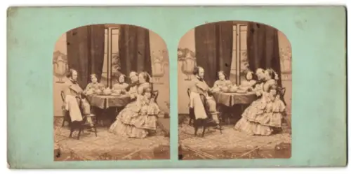 Stereo-Fotografie noble Tischesellschaft beim gemeinschaftlichen Kaffeeklatsch in seitgenössischen Kleidern