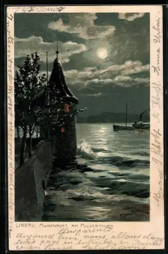 Künstler-AK Zeno Diemer: Lindau, Mondnacht am Pulverthrum