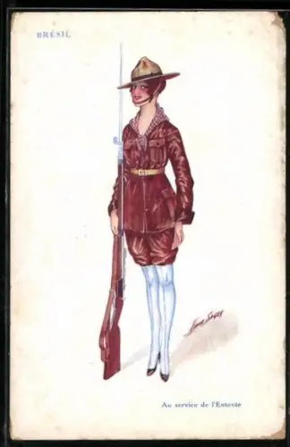 Künstler-AK Xavier Sager: Junge Frau in Uniform mit Gewehr