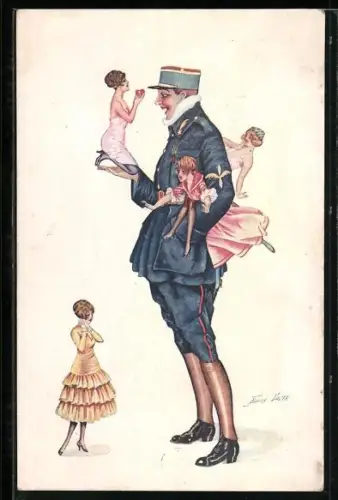 Künstler-AK Xavier Sager: französ. Soldat mit drei Frauen auf dem Arm