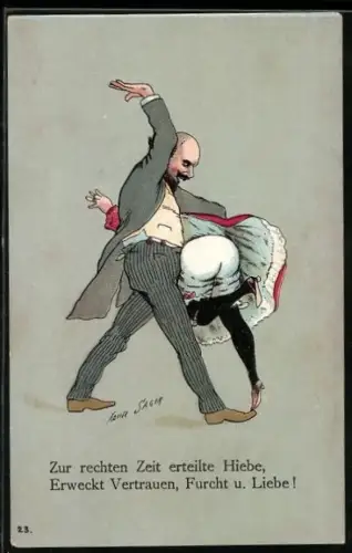 Künstler-AK Xavier Sager: Glatzköpfiger Mann versohlt einer Frau den Hintern