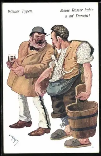 Künstler-AK Carl Josef Pollak: Meine Rösser habn a an Duscht!, Trinker und Wirt