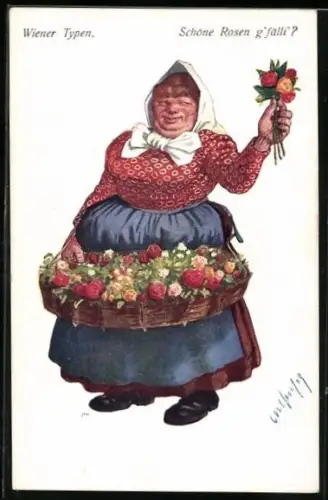Künstler-AK Carl Josef: Dicke Frau in Tracht mit Blumenkorb