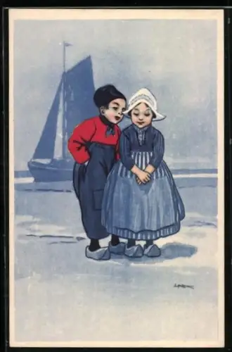 Künstler-AK Leopoldo Metlicovitz: Junge und Mädchen mit Holzschuhen stehen am Strand