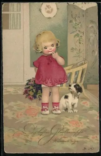 Künstler-AK F.Baumgarten: Kleines Mädchen in rotem Kleid, ihr Hund blickt zu ihr auf