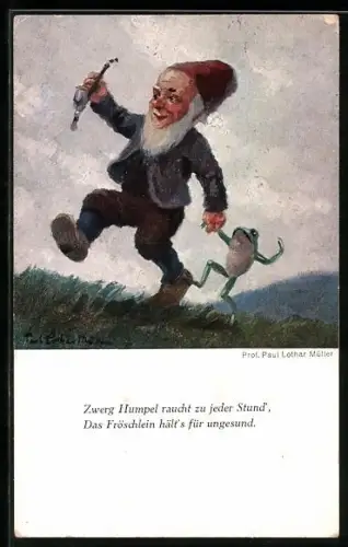 Künstler-AK Paul Lothar Müller: Zwerg Humpel raucht zu jeder Stund, das Fröschlein hält`s für ungesund