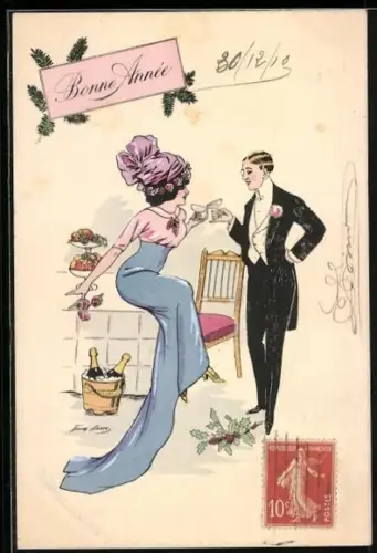 Künstler-AK Xavier Sager: Dame und Mann im Frack stossen mit Champagnergläsern aufs neue Jahr an