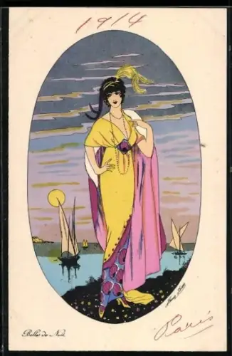 Künstler-AK Xavier Sager: Elegante Dame in farbenfroher Kleidung steht am Ufer