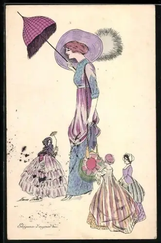 Künstler-AK Xavier Sager: Anmutige Riesenfrau wird von normalgrossen Frauen bewundert