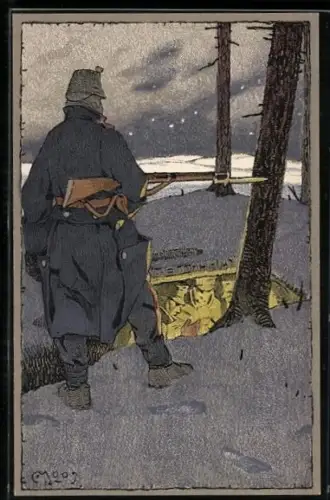 Künstler-AK Carl Moos: Soldat mit Gewehr und aufgestecktem Bayonett hält bei einem Unterschlupf im Winter Wache