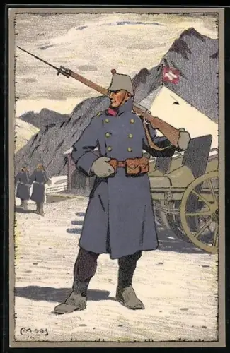 Künstler-AK Carl Moos: schweizer Grenzbesetzung, Soldat mit Bajonett