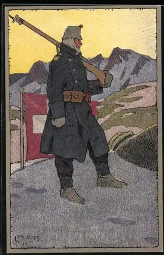 Künstler-AK Carl Moos: Schweizer Soldat in Uniform mit Gewehr