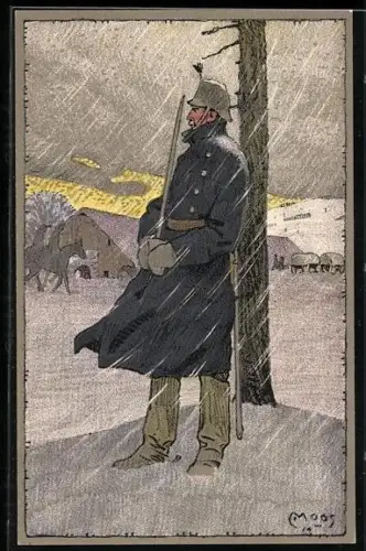 Künstler-AK Carl Moos: Schweizerische Grenzbesetzung 1914, Prosit Neujahr!, Soldat steht Wache