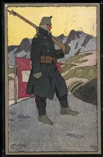 Künstler-AK Carl Moos: Schweizerische Grenzbesetzung 1914, Prosit Neujahr, Wachposten