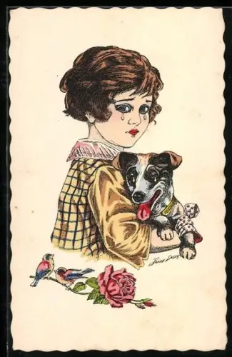 Künstler-AK Xavier Sager: Weinendes Mädchen mit weinenden Hund im Arm