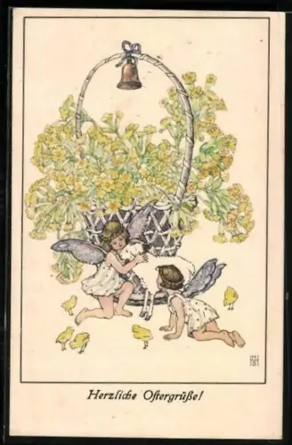 Künstler-AK M.H.S.: Engellein und Schaf am Blumenkorb, Boldog husveti ünnepeket!