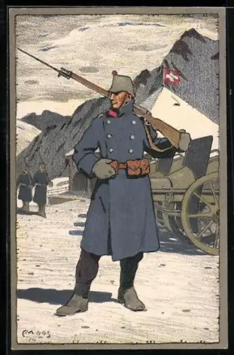 Künstler-AK Carl Moos: schweizer Grenzbesetzung, Soldat mit Bajonett