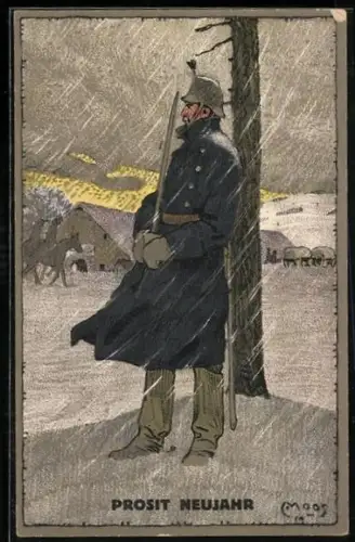 Künstler-AK Carl Moos: Schweizerische Grenzbesetzung 1914, Prosit Neujahr!, Soldat steht Wache