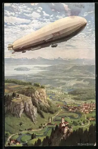 Künstler-AK Zeno Diemer: Luftschiff überfliegt ein weites Tal