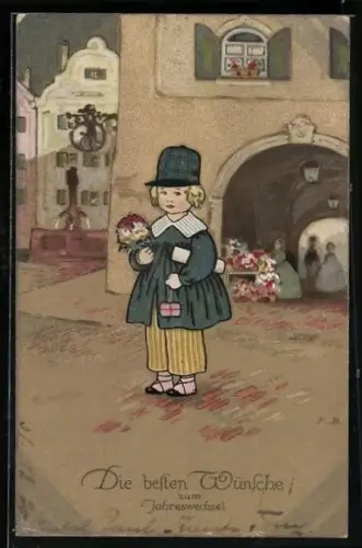 Künstler-AK Fritz Baumgarten: Kind mit Blumenstrauss und Sonntagskleid auf der Strasse, Blumenverkäuferin