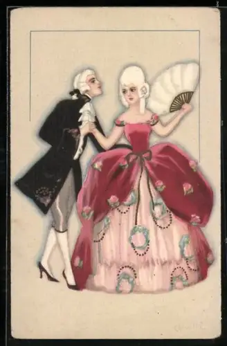 Künstler-AK Carlo Chiostri: Dame in rotem Kleid mit Fächer neben Herrn in Kniebundhosen