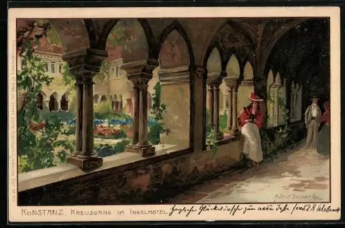 Künstler-Lithographie Zeno Diemer: Konstanz, Kreuzgang im Inselkloster