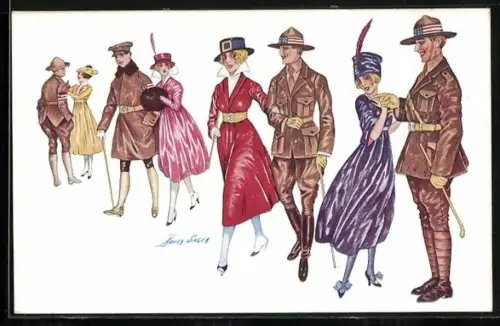 Künstler-AK Xavier Sager: Die Alliierten in Paris, Die USA liebäugelt mit französischen Damen