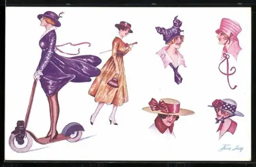 Künstler-AK Xavier Sager: Hutmoden der Damenwelt, Frau fährt auf einem Roller